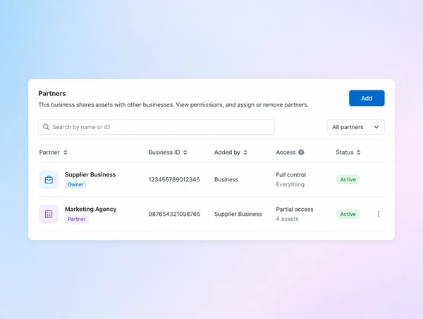 A Business Manager partner panel with the supplier as owner and an agency added as partner