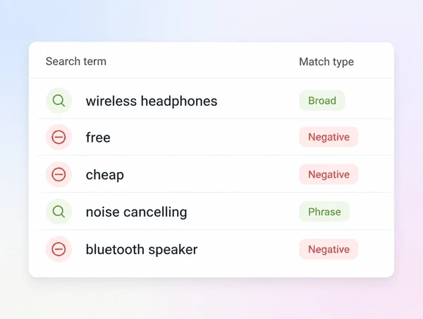 Search terms list with three terms marked as negative keywords
