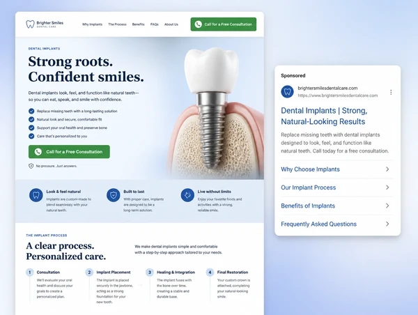 A landing page for one offer with the phone number at the top, beside the advert it opens from