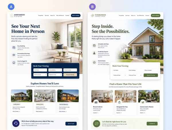 Two versions of one landing page shown side by side in a test