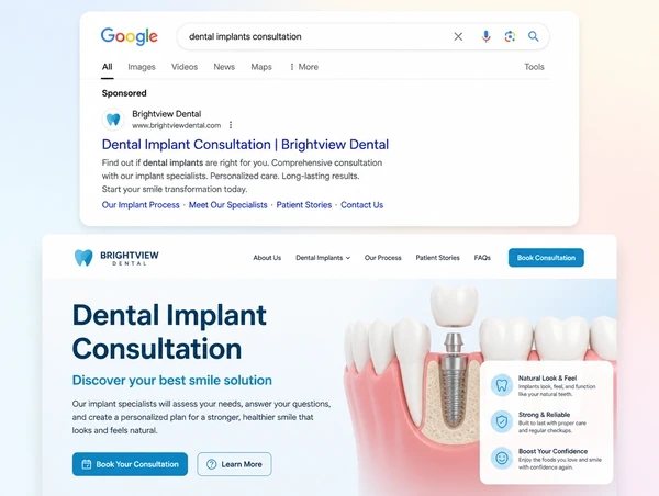 A search advert shown above the landing page it opens, both carrying one offer