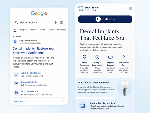 A mobile landing page with a call button at the top, shown beside the advert it opens from
