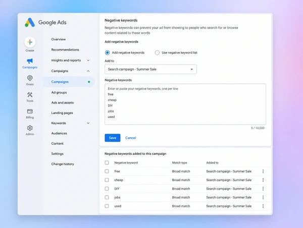 A search terms list with the wasteful queries being added as negative keywords