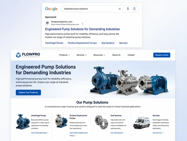A search advert shown above the product range page it opens, both carrying the same offer