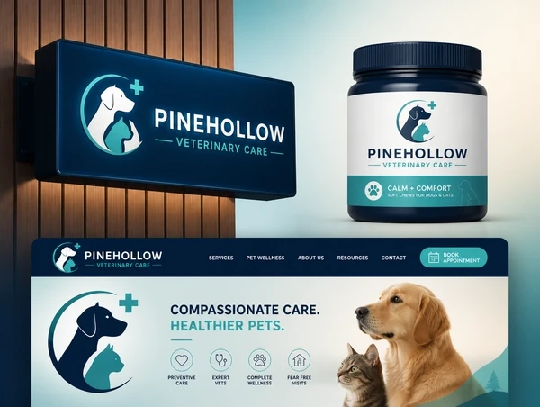 A logo presentation board showing one logo across a sign, a product label and a website header