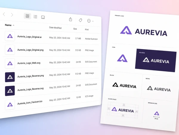 A folder of logo files named by format and use beside a printer proof of the logo