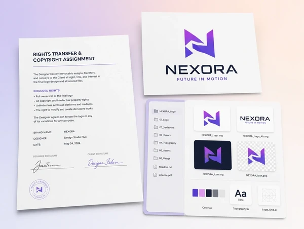 A signed rights transfer sheet beside the final logo artwork and its working files