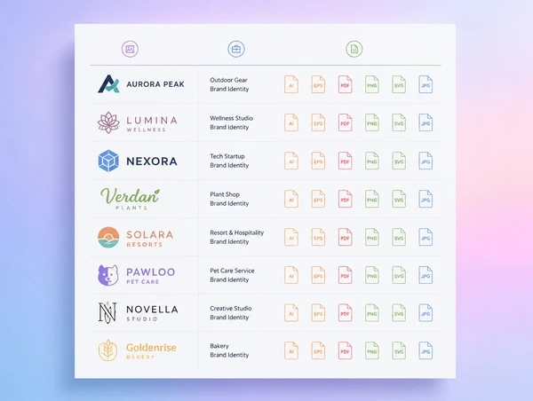 A handover sheet listing every logo file by the job it is for