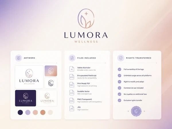 A logo handover page listing the artwork, the files and the rights