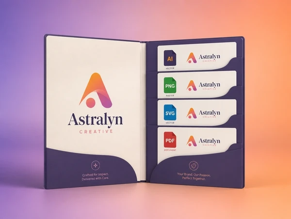 A file handover folder showing vector, PNG, SVG and PDF versions of one logo
