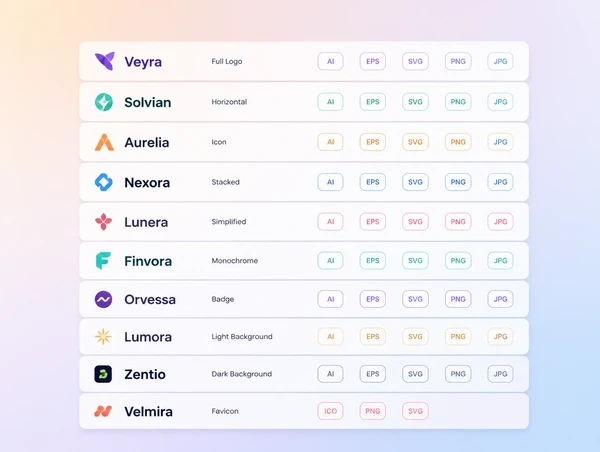 Logo files named by use, listed with their formats beside them