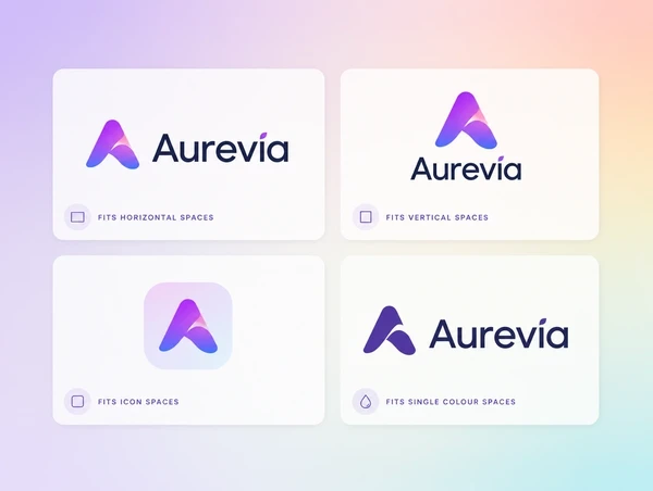 A version sheet showing a logo wide, stacked, as an icon and in one colour