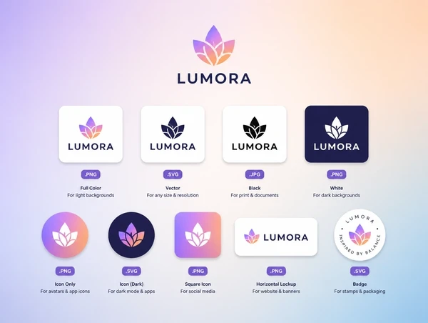 Logo files laid out by format, each labelled for the use it serves