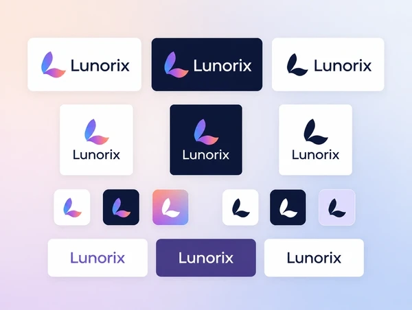 A sheet of logo versions covering wide, square, icon and single colour