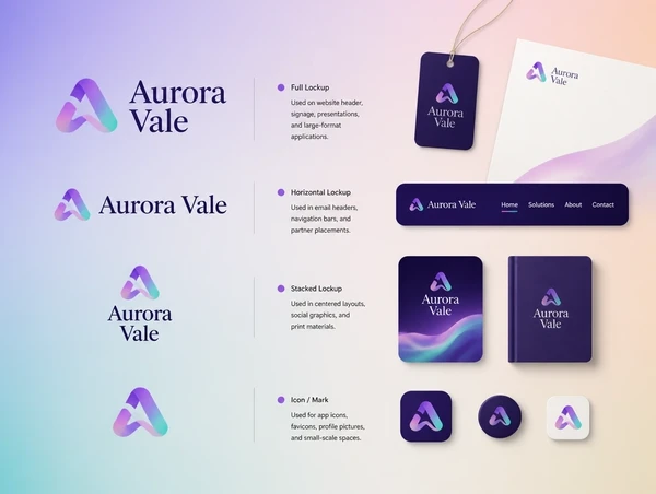 A version sheet pairing each cut of a logo with where it is used