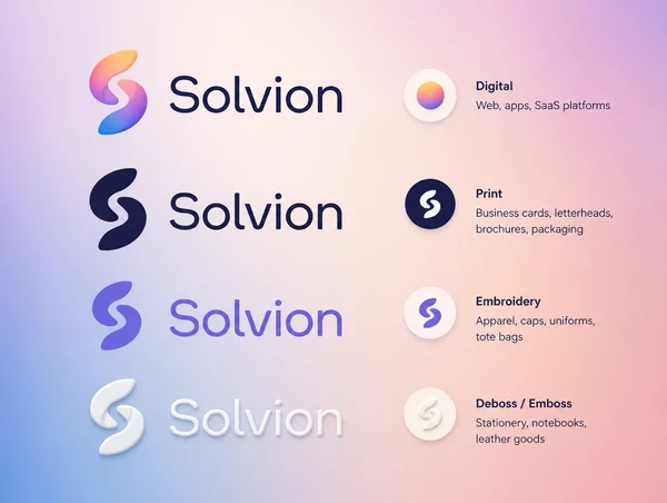 One logo drawn in four versions with the material each suits noted
