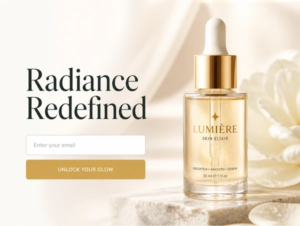 Skincare product landing page with one headline, one email field and one button, and no navigation