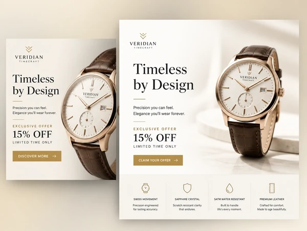 A watch ad beside the landing page it clicks through to, both carrying the same headline and the same offer