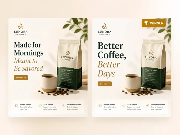 Two versions of the same coffee landing page with different headlines, one marked as the winner