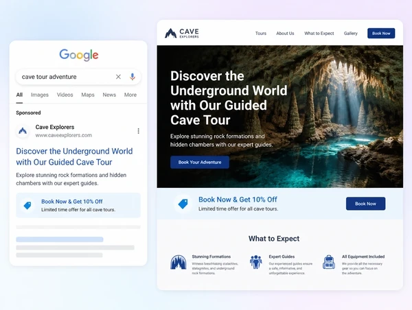 A Google search advert beside the travel landing page it opens, both carrying the same offer