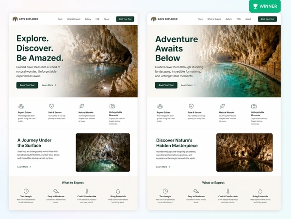 Two versions of the same travel landing page with different headlines, one marked as the winner