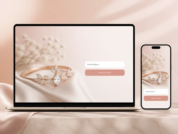 A jewellery landing page on a laptop and a phone with one email field and one button, and no menu