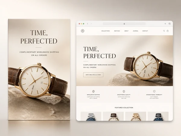 A luxury watch advert beside the landing page it opens, both showing the same headline