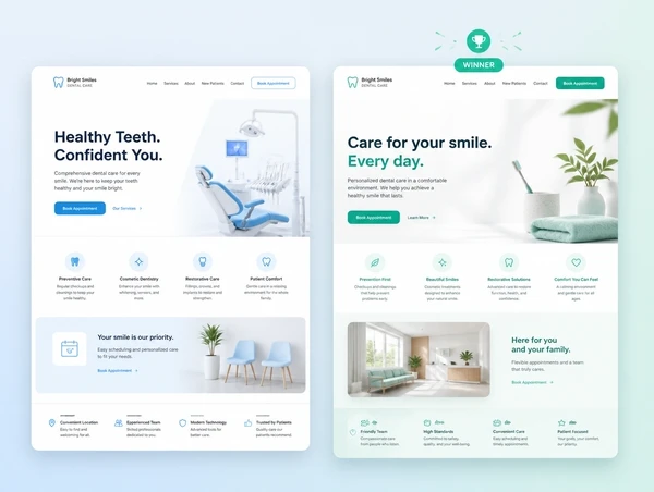 Two versions of a dental landing page side by side with one marked as the winner