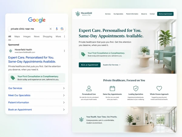 A search advert for a private clinic beside the landing page it opens, both showing the same offer