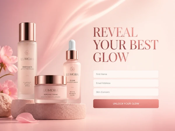 A skincare landing page with one headline, one short form and one button, and no menu