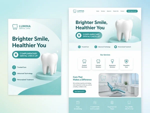A dental clinic advert beside the landing page it opens, carrying the same headline and offer