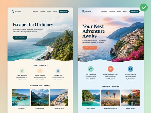 Two versions of one travel landing page side by side with the winning headline marked