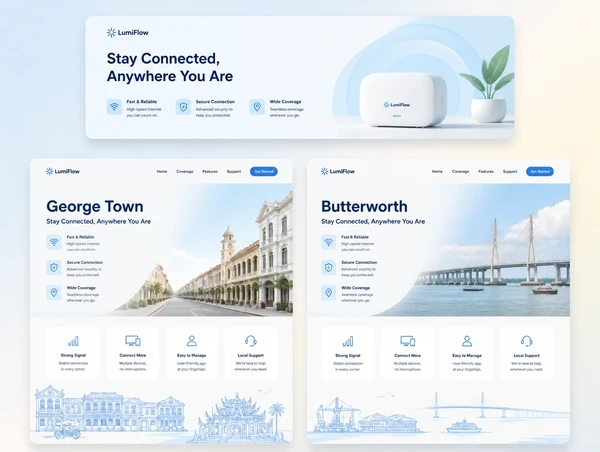 One advert above two landing pages, one headed George Town and one headed Butterworth