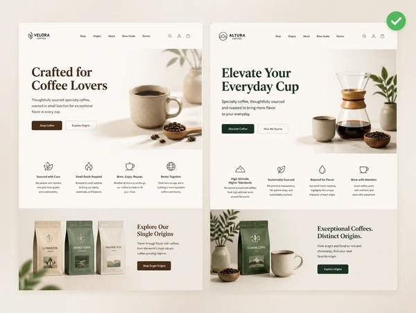 Two versions of a cafe landing page compared, with the winning headline marked
