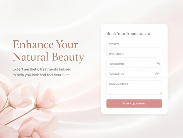 A skincare clinic landing page with one headline, one booking form and no navigation menu