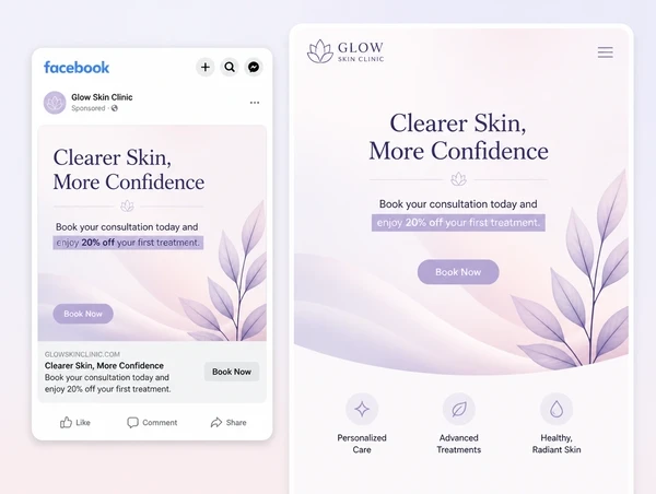 A Facebook advert beside the skincare landing page it opens, both showing the same offer