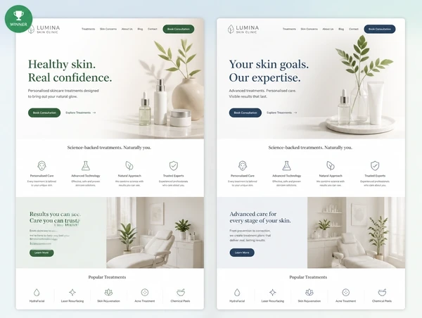 Two versions of the same clinic landing page with different headlines, one marked as the winner