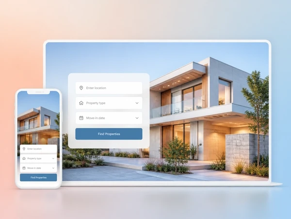 A property landing page on a laptop and a phone with a three field form and one button, and no menu
