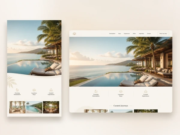 A travel advert beside the resort landing page it opens, both showing the same offer