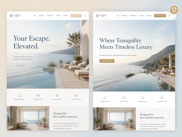 Two headline versions of a hotel landing page compared side by side with a winner marked