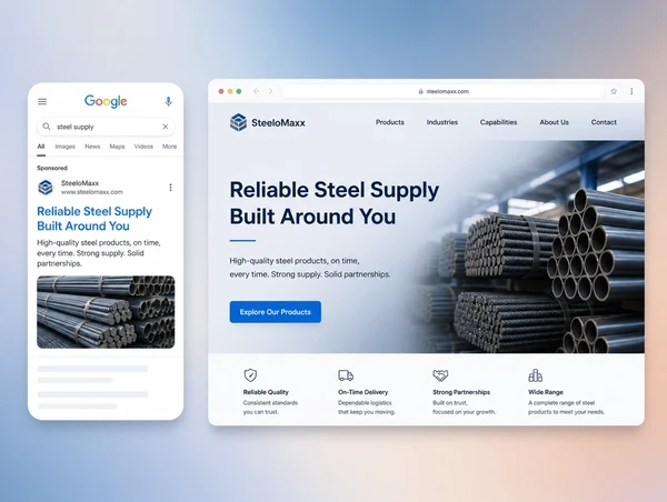 A Google search advert beside the steel supply landing page it opens, both carrying the same headline