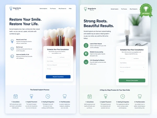 Two versions of the same landing page side by side with the right hand version marked as the winner