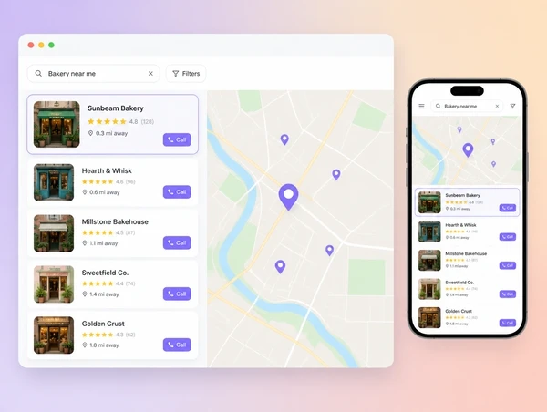 Map results showing a business listed first with reviews and directions