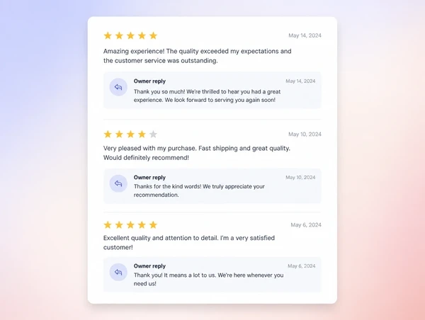 A reviews panel showing recent reviews with owner replies