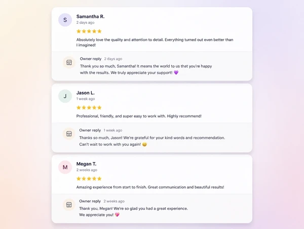 Recent customer reviews with an owner reply written under each one