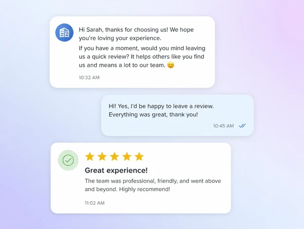 A review request message thread followed by the review it produced