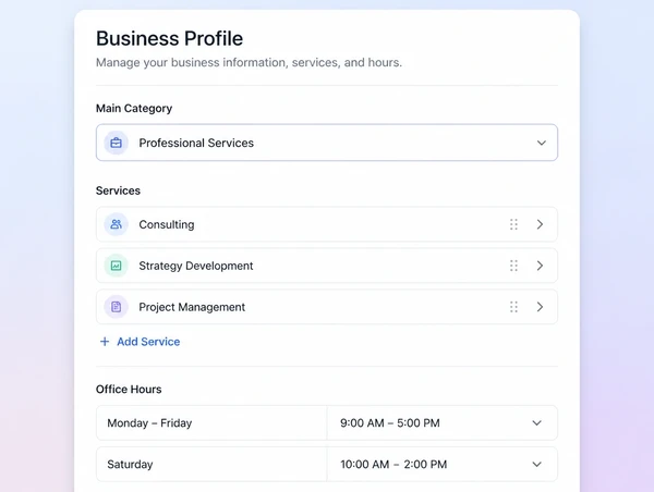 A business profile with the main category, service list and opening hours set correctly