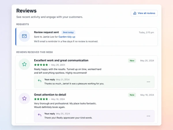 A review request sent the day a job finished, with replies written to each review