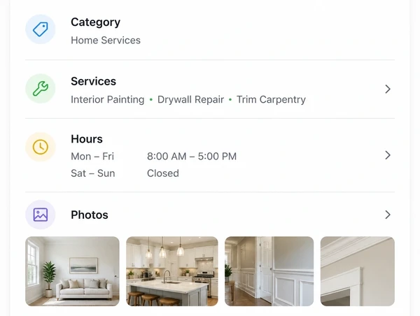 A business profile with the category, services, hours and photographs completed