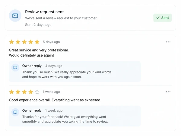 A review request sent after a job with replies to the reviews received